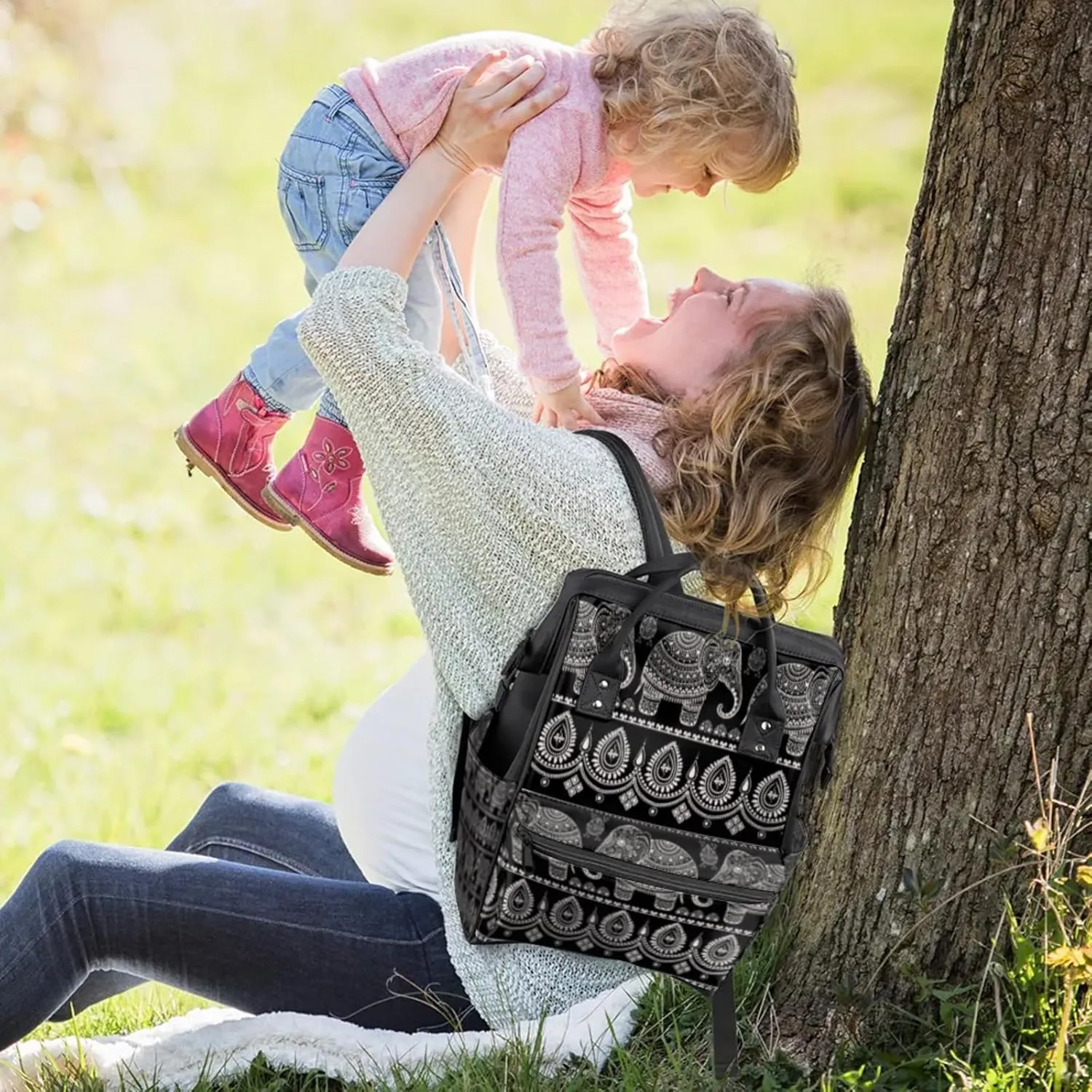 Tavisto Black White Elephant Double Shoulder Mommy Bag for Women, Polyester Large Capacity Diaper Backpack with Multi Pockets, Waterproof Adjustable Straps Diaper Bag for Moms Dads, 11''×7''×15.7''