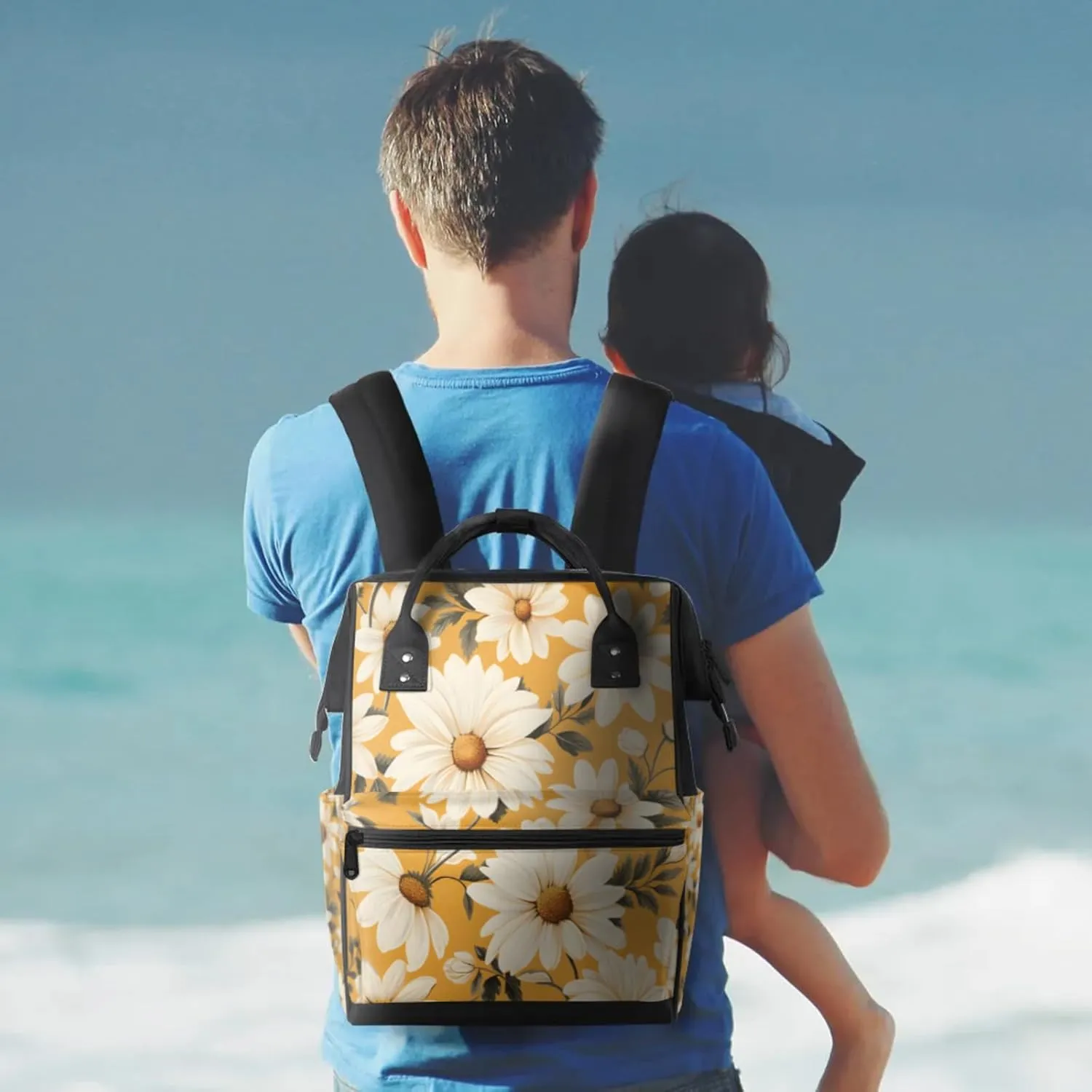Tavisto Daisy Sunshine Pattern Double Shoulder Mommy Bag for Women, Polyester Large Capacity Diaper Backpack with Multi Pockets, Waterproof Adjustable Straps Diaper Bag for Moms Dads, 11''×7''×15.7''
