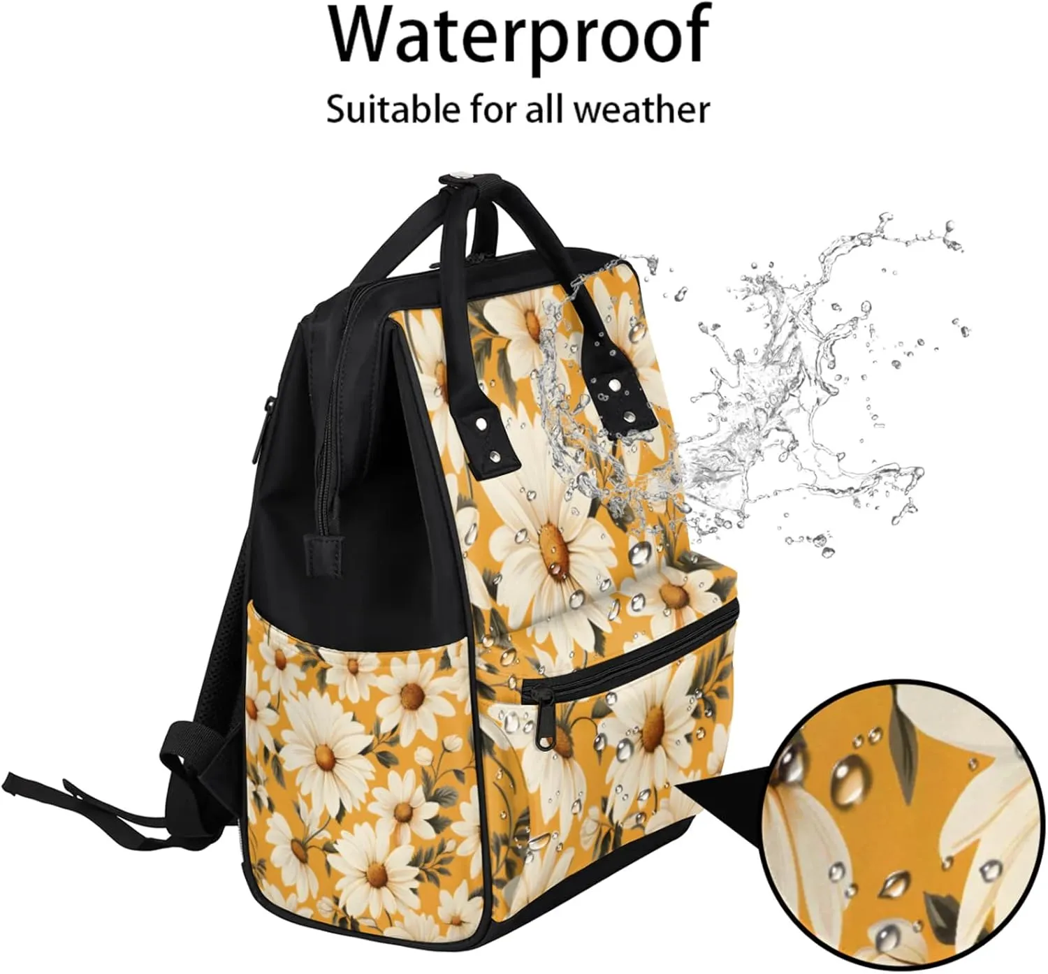 Tavisto Daisy Sunshine Pattern Double Shoulder Mommy Bag for Women, Polyester Large Capacity Diaper Backpack with Multi Pockets, Waterproof Adjustable Straps Diaper Bag for Moms Dads, 11''×7''×15.7''