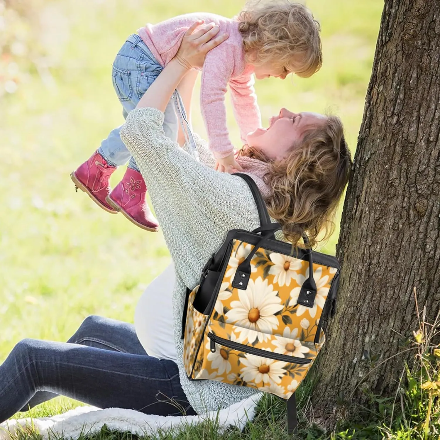 Tavisto Daisy Sunshine Pattern Double Shoulder Mommy Bag for Women, Polyester Large Capacity Diaper Backpack with Multi Pockets, Waterproof Adjustable Straps Diaper Bag for Moms Dads, 11''×7''×15.7''