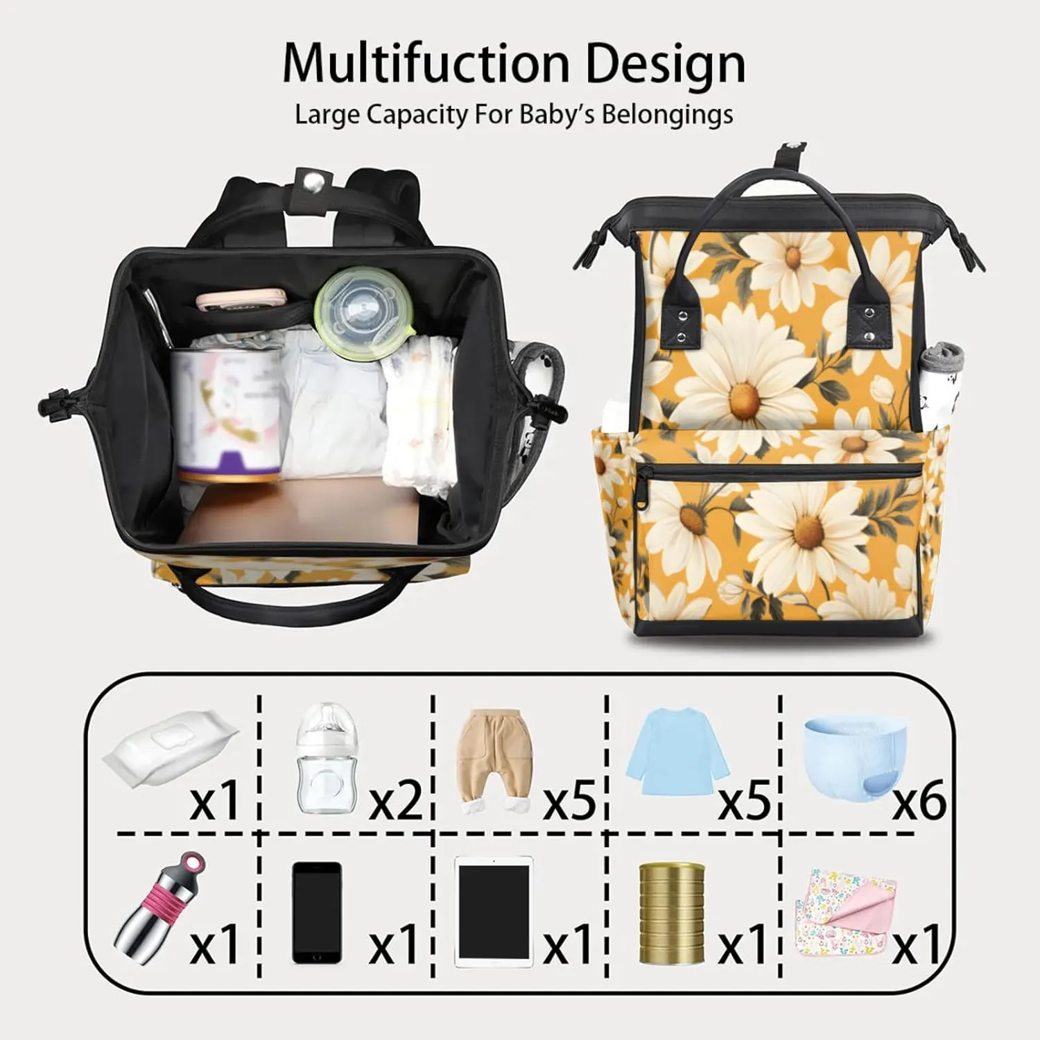 Tavisto Daisy Sunshine Pattern Double Shoulder Mommy Bag for Women, Polyester Large Capacity Diaper Backpack with Multi Pockets, Waterproof Adjustable Straps Diaper Bag for Moms Dads, 11''×7''×15.7''