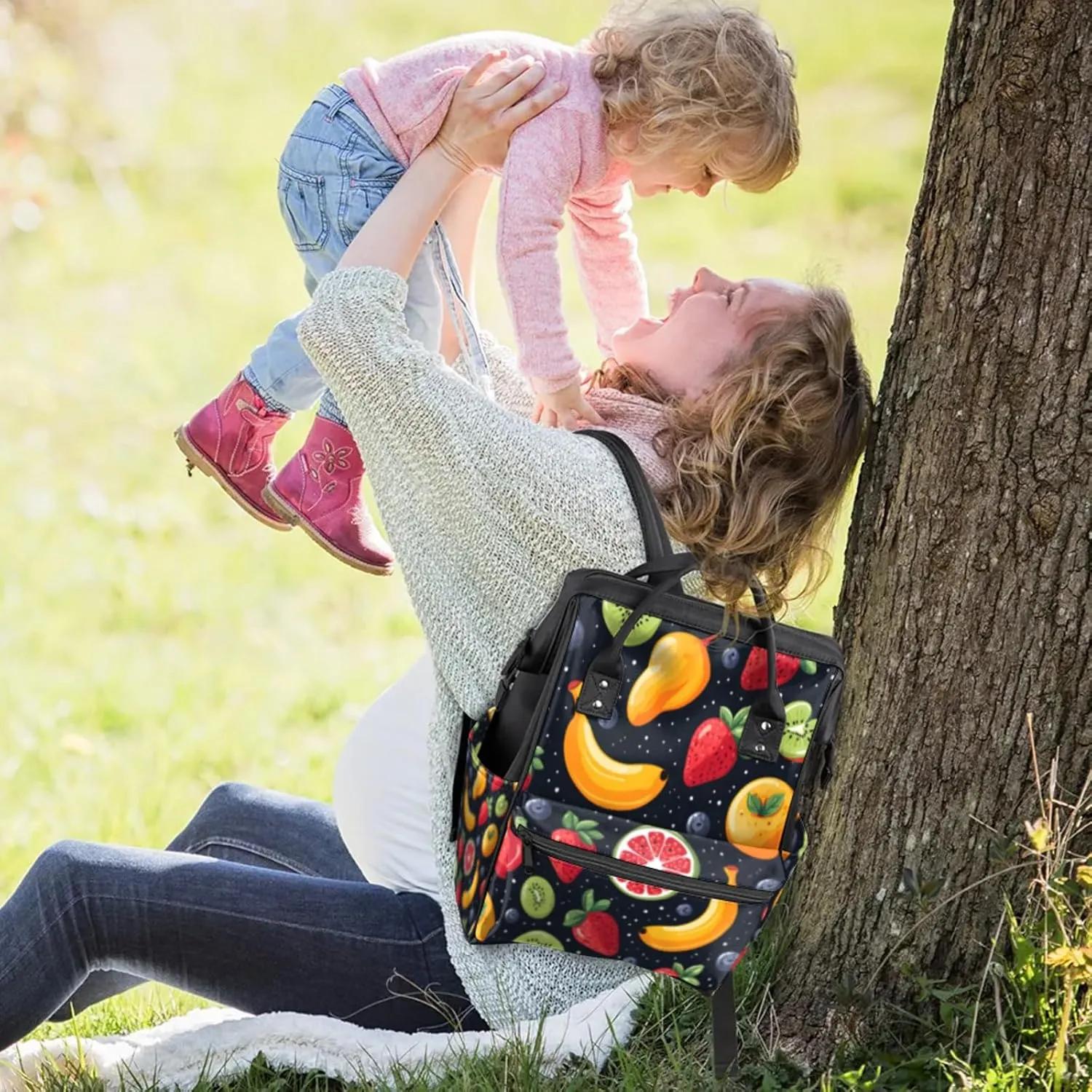 Tavisto Fruit Salad Double Shoulder Mommy Bag for Women, Polyester Large Capacity Diaper Backpack with Multi Pockets, Waterproof Adjustable Straps Diaper Bag for Moms Dads, 11''×7''×15.7''