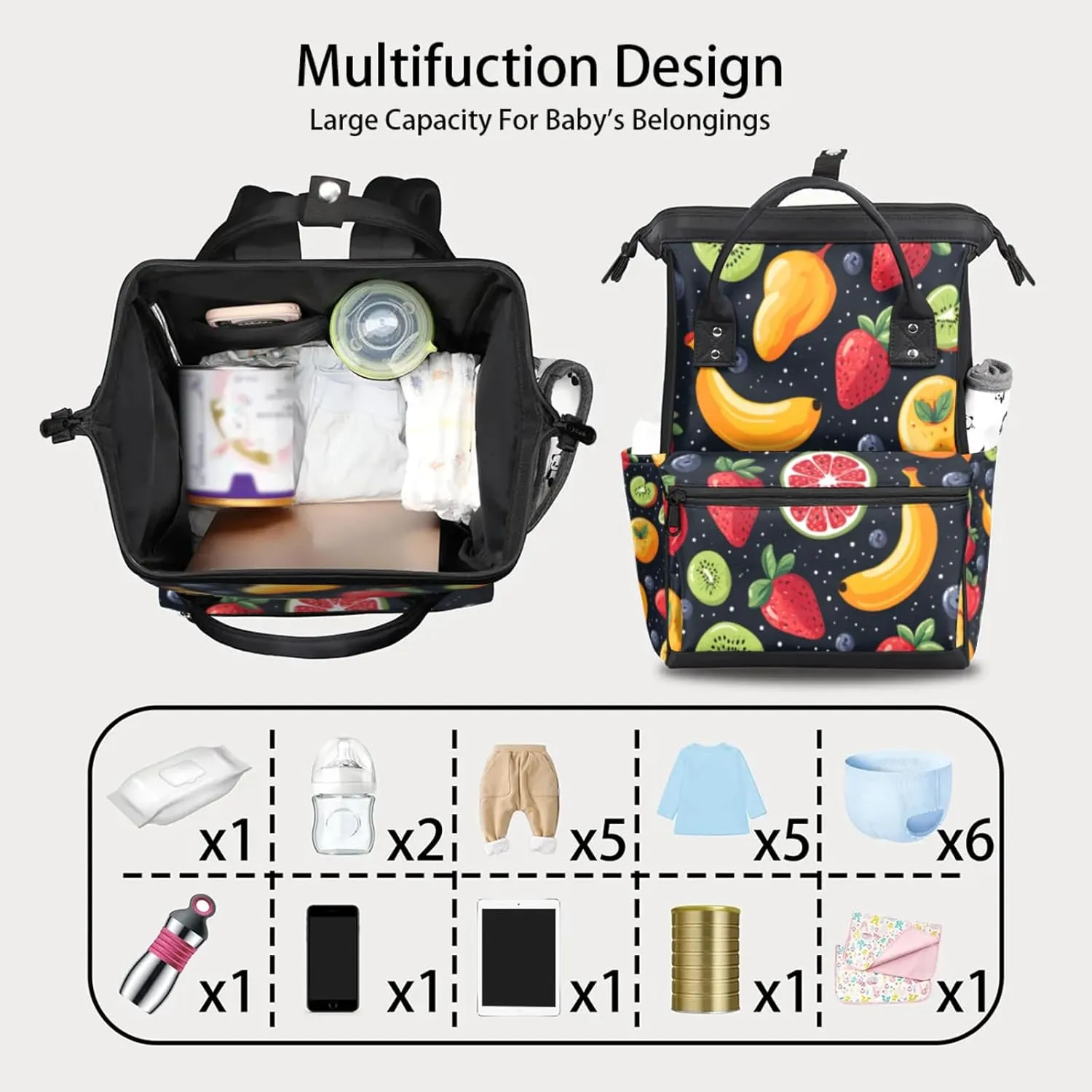 Tavisto Fruit Salad Double Shoulder Mommy Bag for Women, Polyester Large Capacity Diaper Backpack with Multi Pockets, Waterproof Adjustable Straps Diaper Bag for Moms Dads, 11''×7''×15.7''