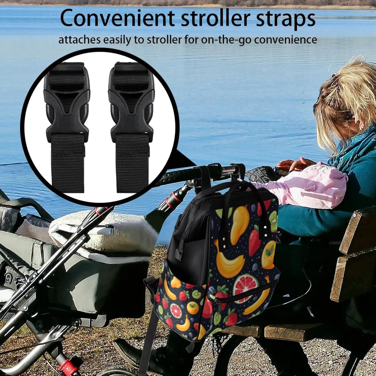 Tavisto Fruit Salad Double Shoulder Mommy Bag for Women, Polyester Large Capacity Diaper Backpack with Multi Pockets, Waterproof Adjustable Straps Diaper Bag for Moms Dads, 11''×7''×15.7''