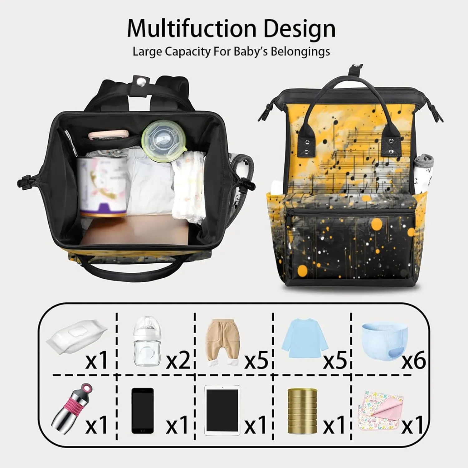 Tavisto Jazz Notes Fusion Double Shoulder Mommy Bag for Women, Polyester Large Capacity Diaper Backpack with Multi Pockets, Waterproof Adjustable Straps Diaper Bag for Moms Dads, 11''×7''×15.7''