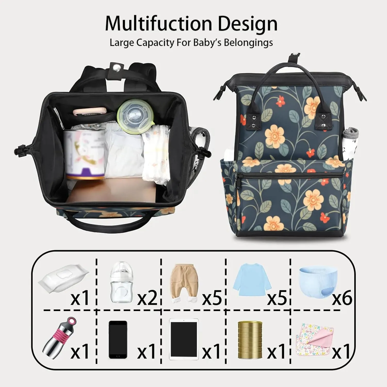 Tavisto Retro Rose Revival Double Shoulder Mommy Bag for Women, Polyester Large Capacity Diaper Backpack with Multi Pockets, Waterproof Adjustable Straps Diaper Bag for Moms Dads, 11''×7''×15.7''