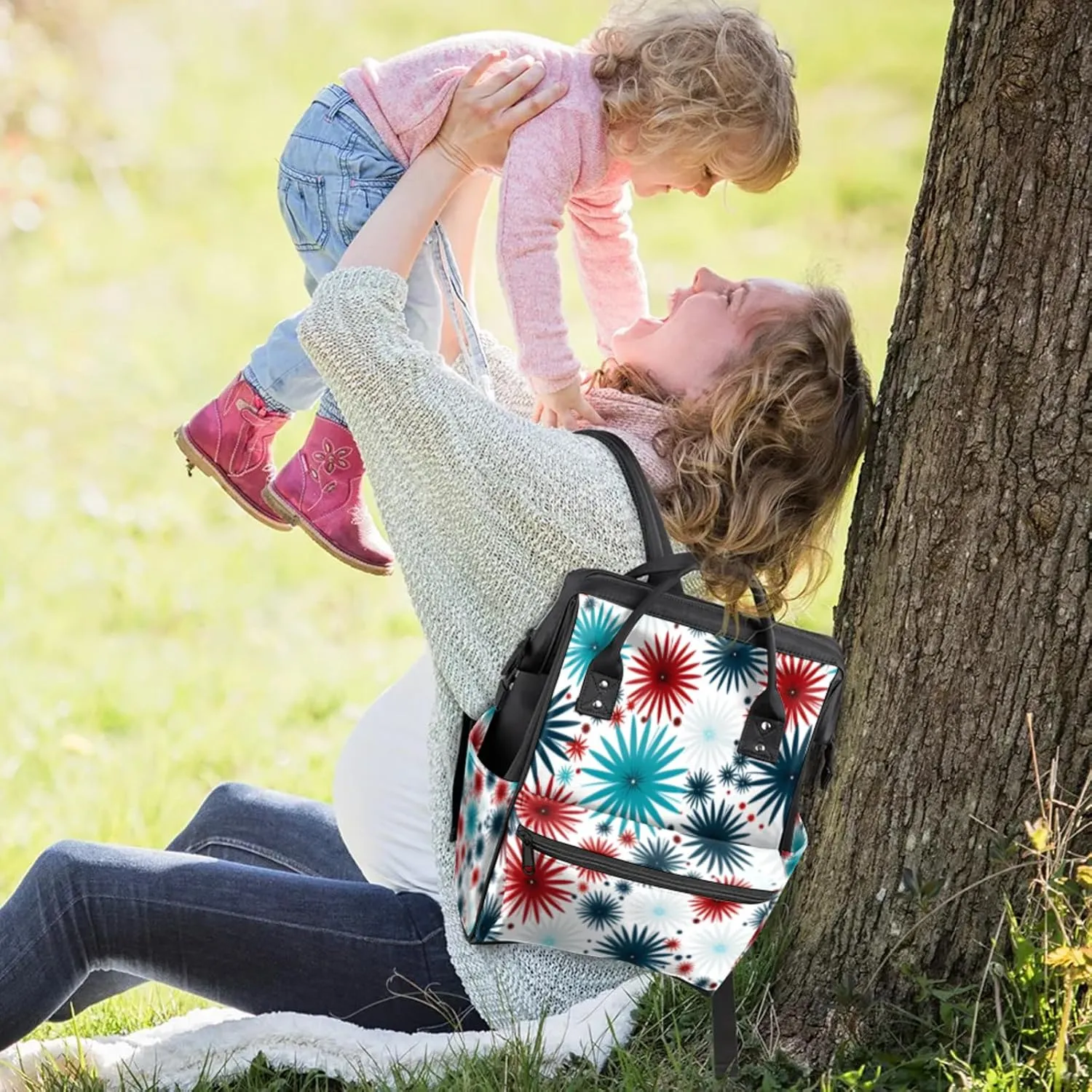 Tavisto Stars Celebration Double Shoulder Mommy Bag for Women, Polyester Large Capacity Diaper Backpack with Multi Pockets, Waterproof Adjustable Straps Diaper Bag for Moms Dads, 11''×7''×15.7''
