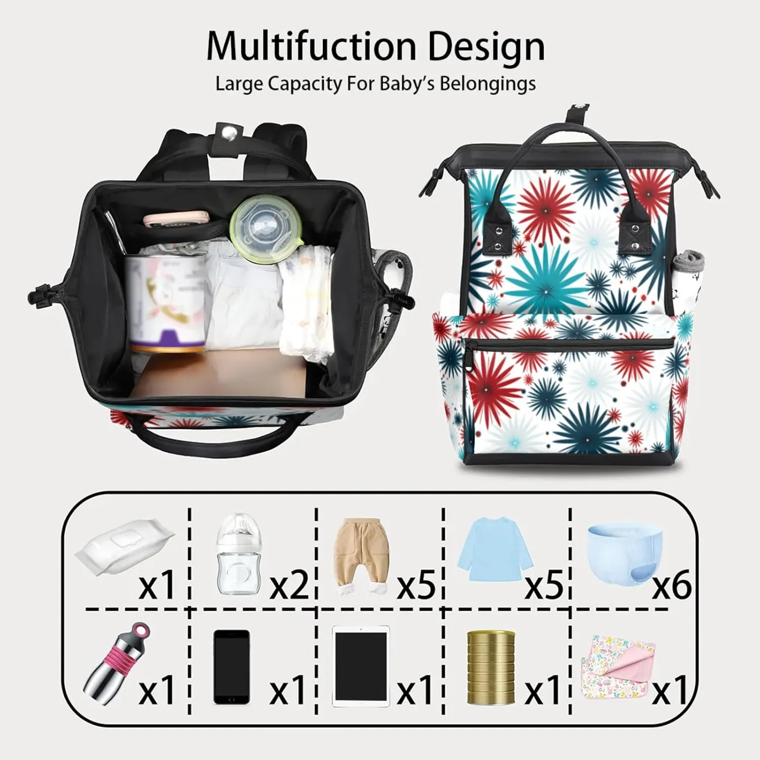 Tavisto Stars Celebration Double Shoulder Mommy Bag for Women, Polyester Large Capacity Diaper Backpack with Multi Pockets, Waterproof Adjustable Straps Diaper Bag for Moms Dads, 11''×7''×15.7''