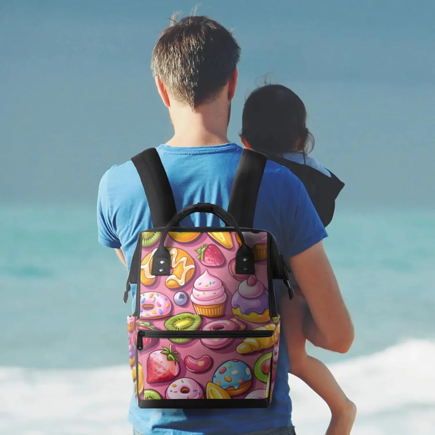 Tavisto Sweet Treats Double Shoulder Mommy Bag for Women, Polyester Large Capacity Diaper Backpack with Multi Pockets, Waterproof Adjustable Straps Diaper Bag for Moms Dads, 11''×7''×15.7''