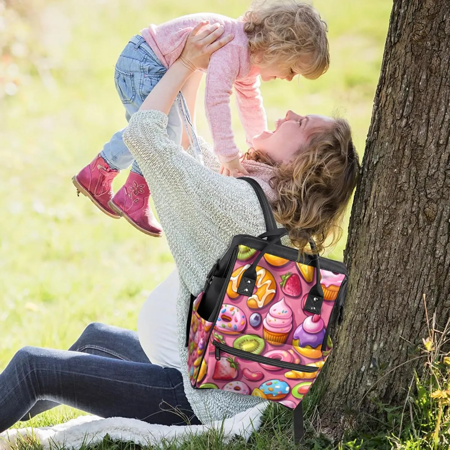 Tavisto Sweet Treats Double Shoulder Mommy Bag for Women, Polyester Large Capacity Diaper Backpack with Multi Pockets, Waterproof Adjustable Straps Diaper Bag for Moms Dads, 11''×7''×15.7''