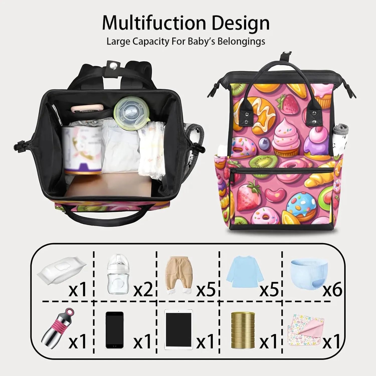 Tavisto Sweet Treats Double Shoulder Mommy Bag for Women, Polyester Large Capacity Diaper Backpack with Multi Pockets, Waterproof Adjustable Straps Diaper Bag for Moms Dads, 11''×7''×15.7''