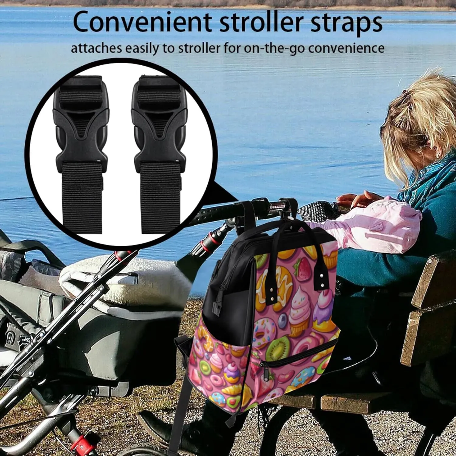 Tavisto Sweet Treats Double Shoulder Mommy Bag for Women, Polyester Large Capacity Diaper Backpack with Multi Pockets, Waterproof Adjustable Straps Diaper Bag for Moms Dads, 11''×7''×15.7''