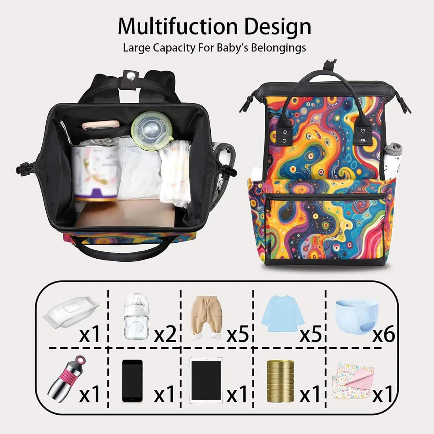 Tavisto Whimsical Fluid Dreams Double Shoulder Mommy Bag for Women, Polyester Large Capacity Diaper Backpack with Multi Pockets, Waterproof Adjustable Straps Diaper Bag for Moms Dads, 11''×7''×15.7''