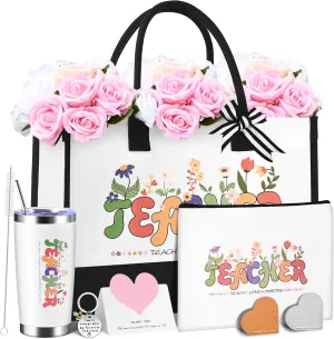 Teacher Appreciation Gifts for Women,Teacher Tote Bags with Makeup Bag and 20 OZ Teacher Tumbler,Unique Gift Ideas Thank You Basket for Teachers Birthday, Back to School Gifts