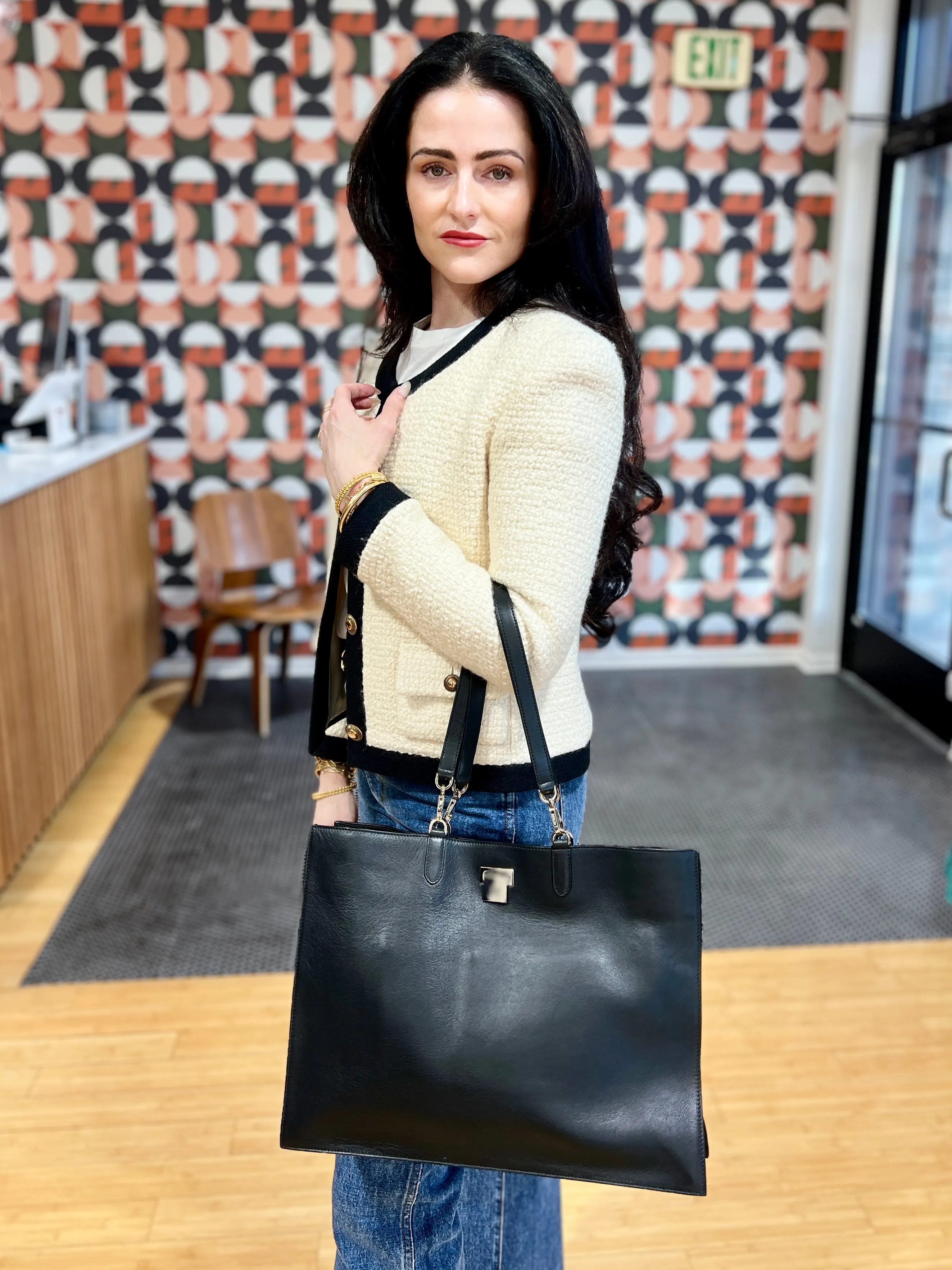 The Row Leather Tote, Black/Silver