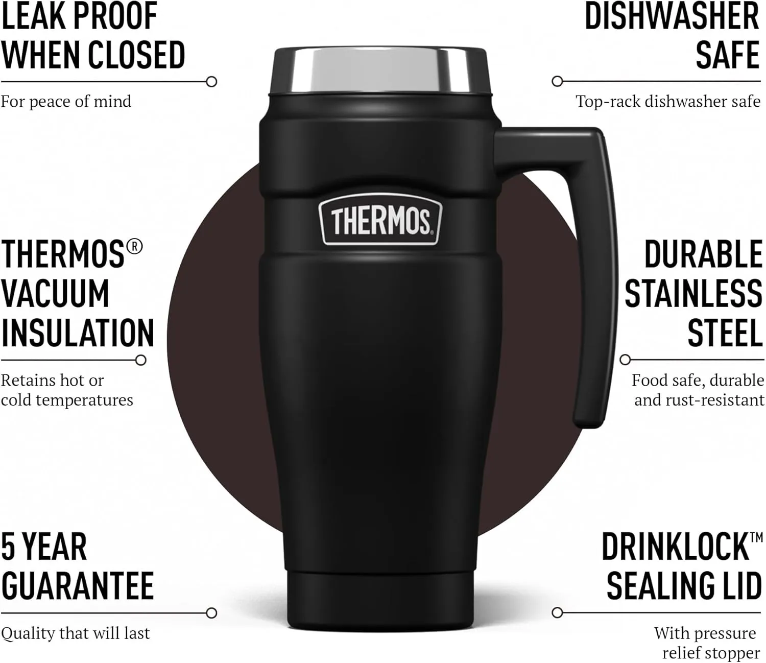 Thermos 101834 Stainless King Travel Mug, Matt Black, 470 ml
