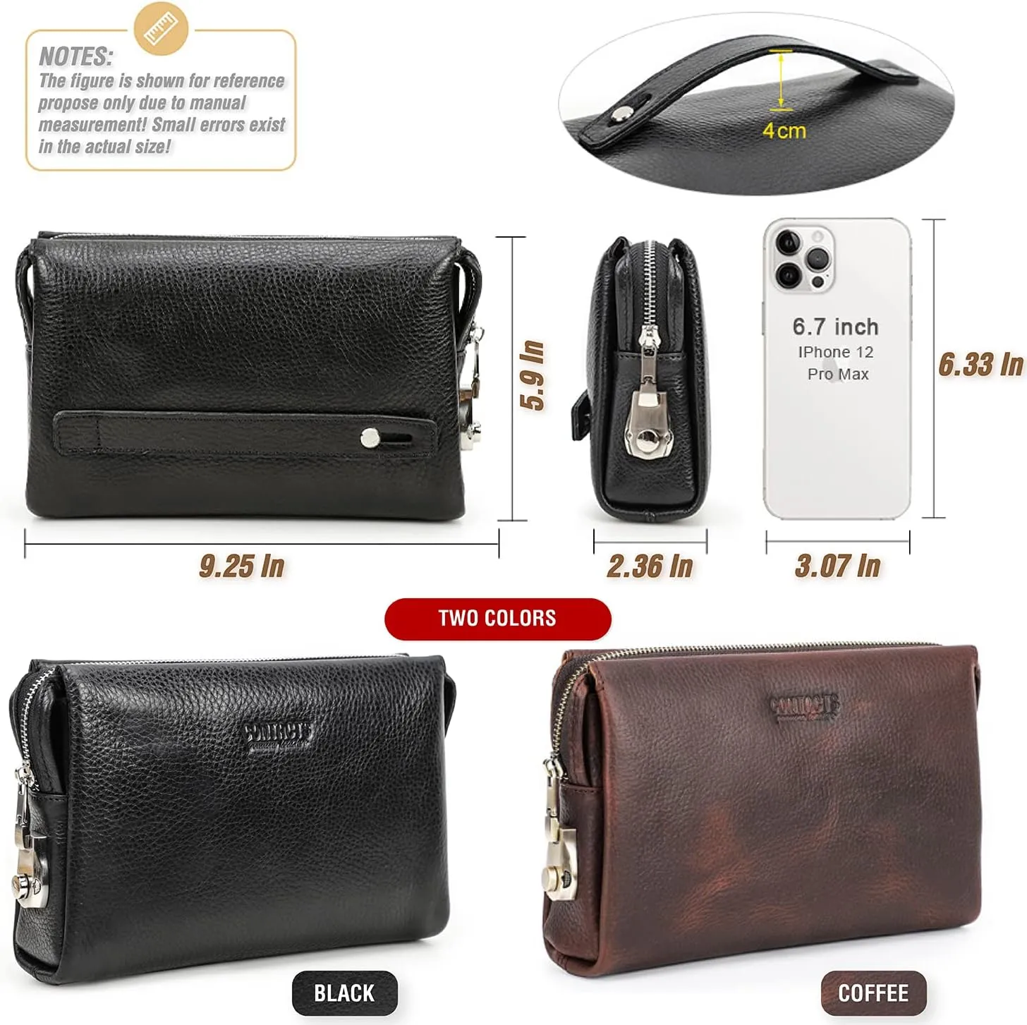 Top Grain Genuine Leather Clutch Wallet for Man & Woman, Handmade Retro Design, Combination Lock & Retractable Strap & Multi Pockets/Slots, Portable RFID for Cards/Checks/Phone/Banknote, Red Coffee