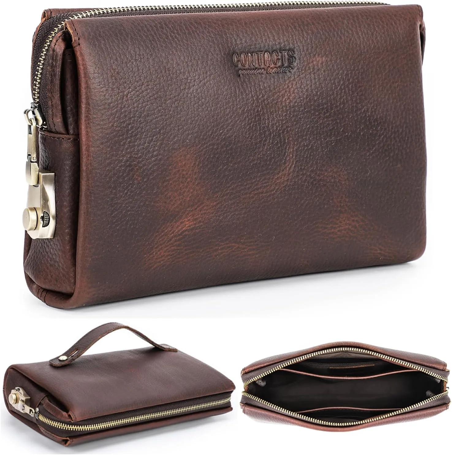 Top Grain Genuine Leather Clutch Wallet for Man & Woman, Handmade Retro Design, Combination Lock & Retractable Strap & Multi Pockets/Slots, Portable RFID for Cards/Checks/Phone/Banknote, Red Coffee