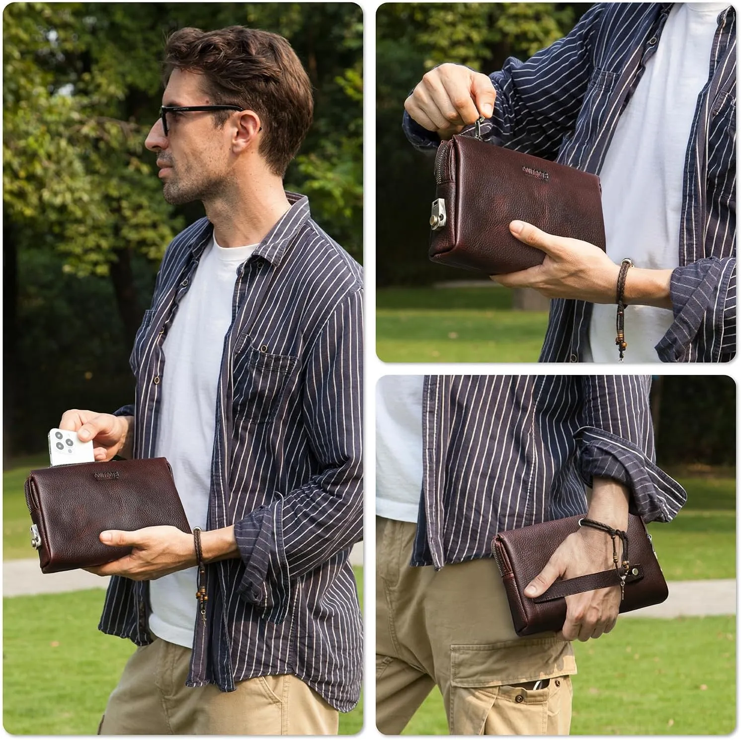 Top Grain Genuine Leather Clutch Wallet for Man & Woman, Handmade Retro Design, Combination Lock & Retractable Strap & Multi Pockets/Slots, Portable RFID for Cards/Checks/Phone/Banknote, Red Coffee