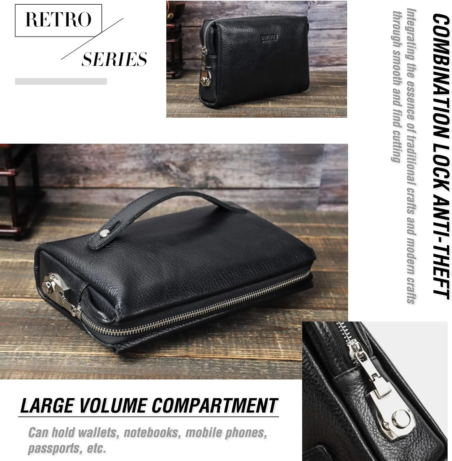 Top Grain Genuine Leather Clutch Wallet for Man & Woman, Handmade Retro Design, Combination Lock & Retractable Strap & Multi Pockets/Slots, Portable RFID for Cards/Checks/Phone/Banknote, Red Coffee