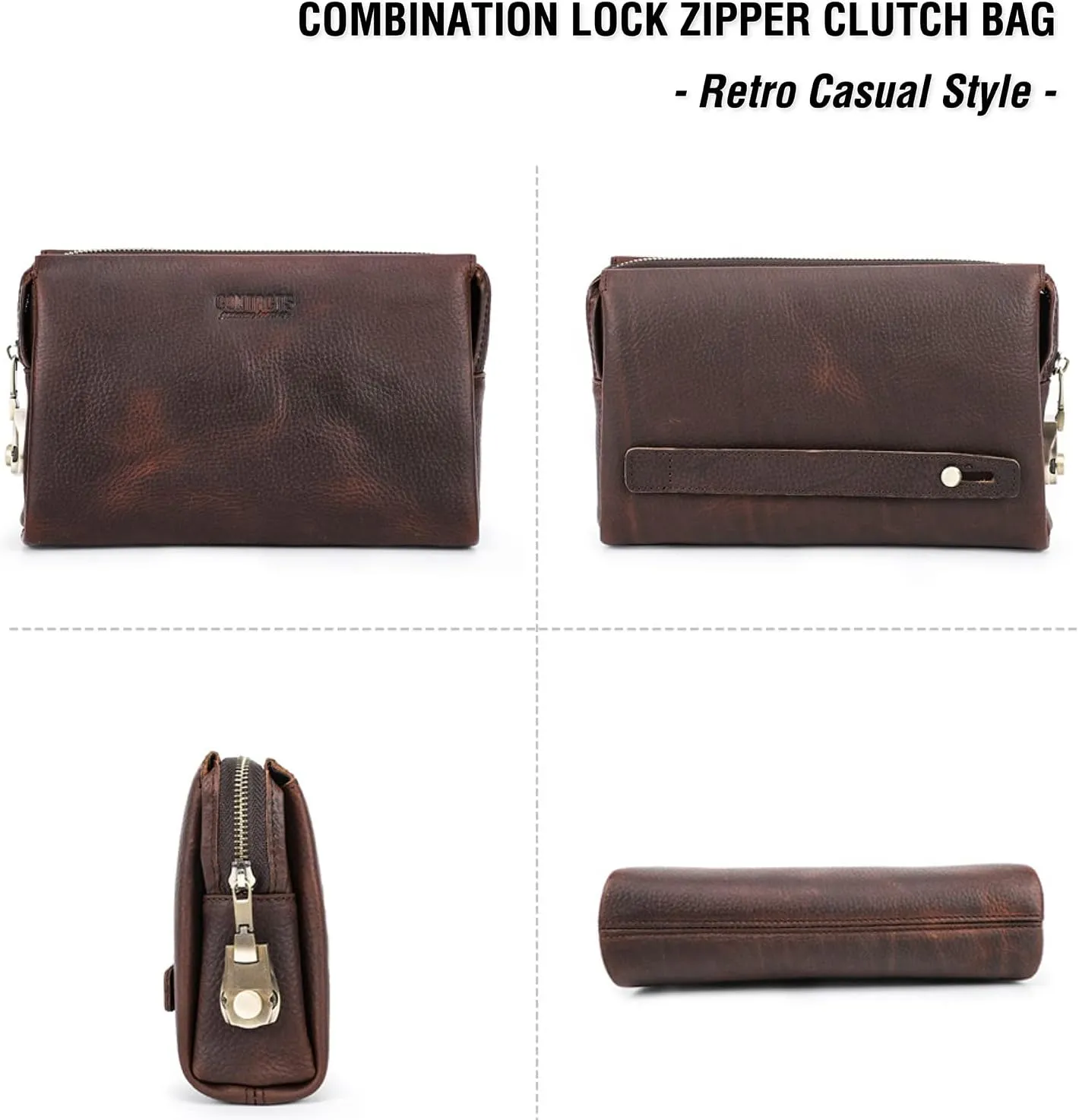Top Grain Genuine Leather Clutch Wallet for Man & Woman, Handmade Retro Design, Combination Lock & Retractable Strap & Multi Pockets/Slots, Portable RFID for Cards/Checks/Phone/Banknote, Red Coffee