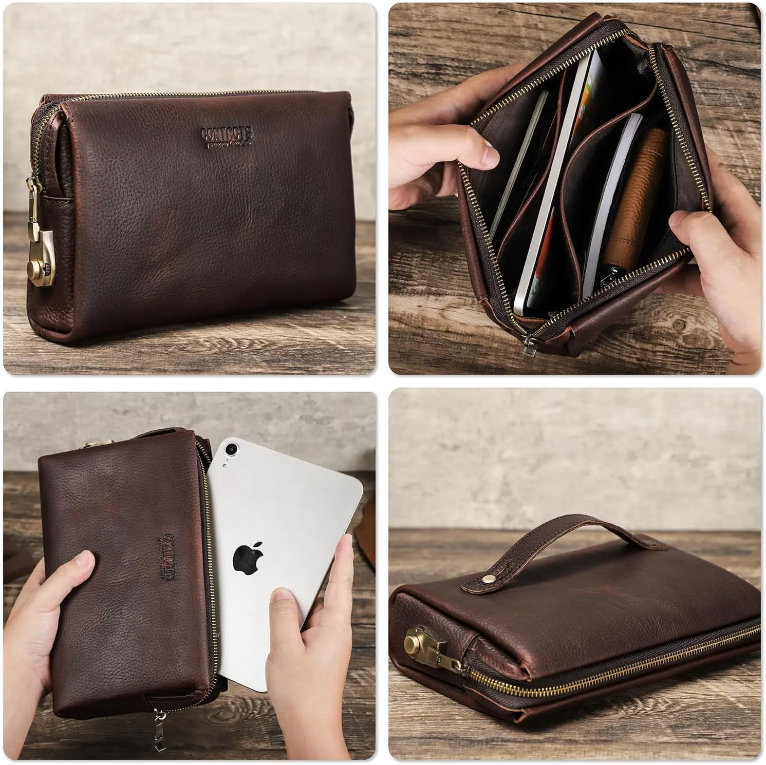 Top Grain Genuine Leather Clutch Wallet for Man & Woman, Handmade Retro Design, Combination Lock & Retractable Strap & Multi Pockets/Slots, Portable RFID for Cards/Checks/Phone/Banknote, Red Coffee
