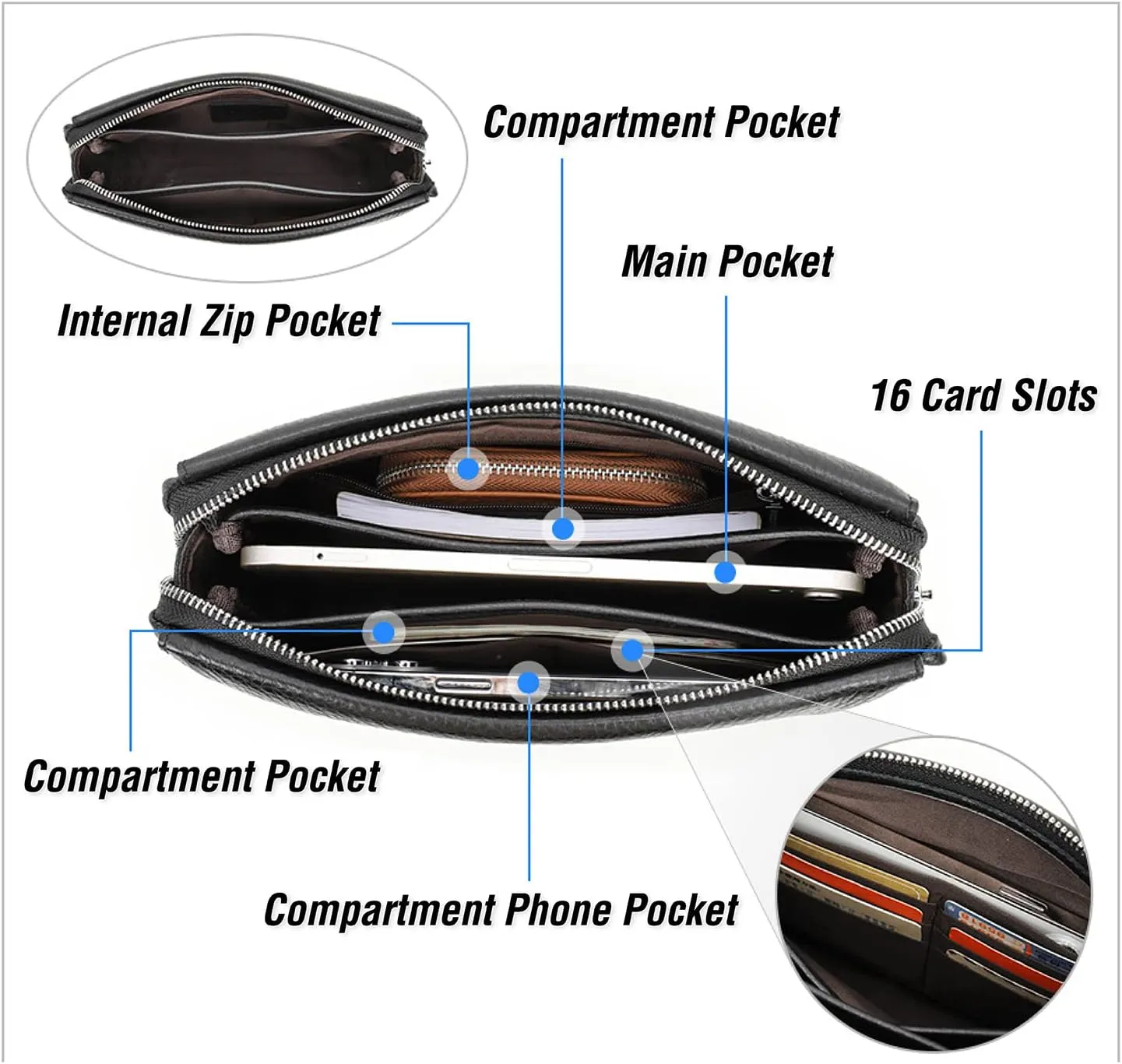 Top Grain Genuine Leather Clutch Wallet for Man & Woman, Handmade Retro Design, Combination Lock & Retractable Strap & Multi Pockets/Slots, Portable RFID for Cards/Checks/Phone/Banknote, Red Coffee
