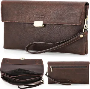 Top Grain Genuine Leather Clutch Wallet with Wristlet for Man & Woman, Handmade Retro Design, Magnetic Push Lock, Multi Pockets/Slots, RFID Large Capacity for Cards/Check/Cash/Coin/Passport, Red Brown