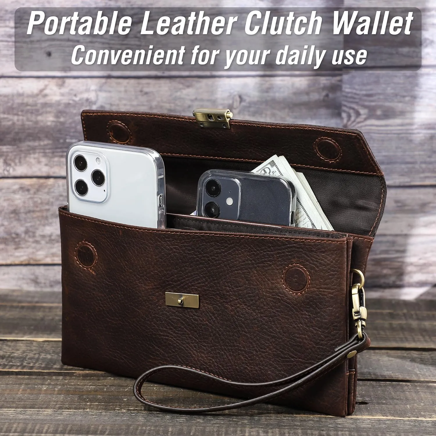 Top Grain Genuine Leather Clutch Wallet with Wristlet for Man & Woman, Handmade Retro Design, Magnetic Push Lock, Multi Pockets/Slots, RFID Large Capacity for Cards/Check/Cash/Coin/Passport, Red Brown