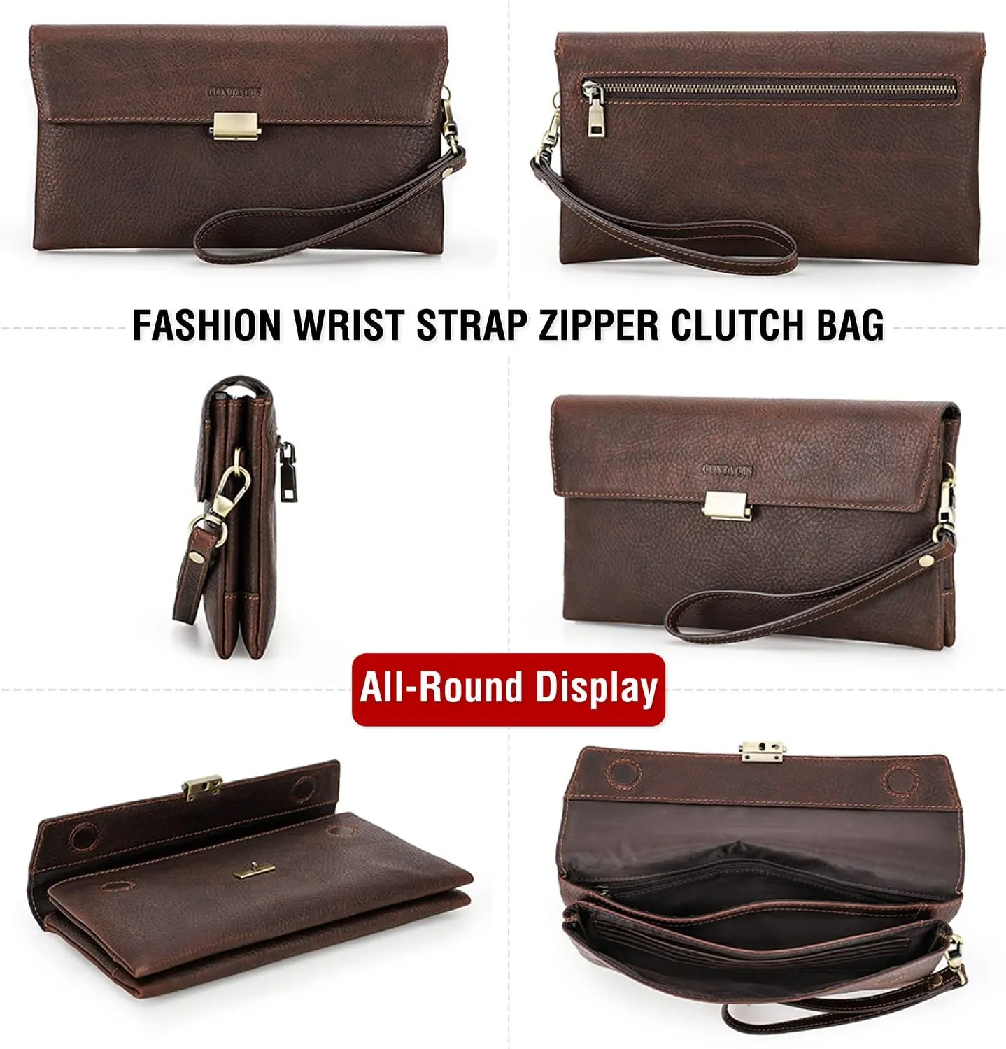 Top Grain Genuine Leather Clutch Wallet with Wristlet for Man & Woman, Handmade Retro Design, Magnetic Push Lock, Multi Pockets/Slots, RFID Large Capacity for Cards/Check/Cash/Coin/Passport, Red Brown