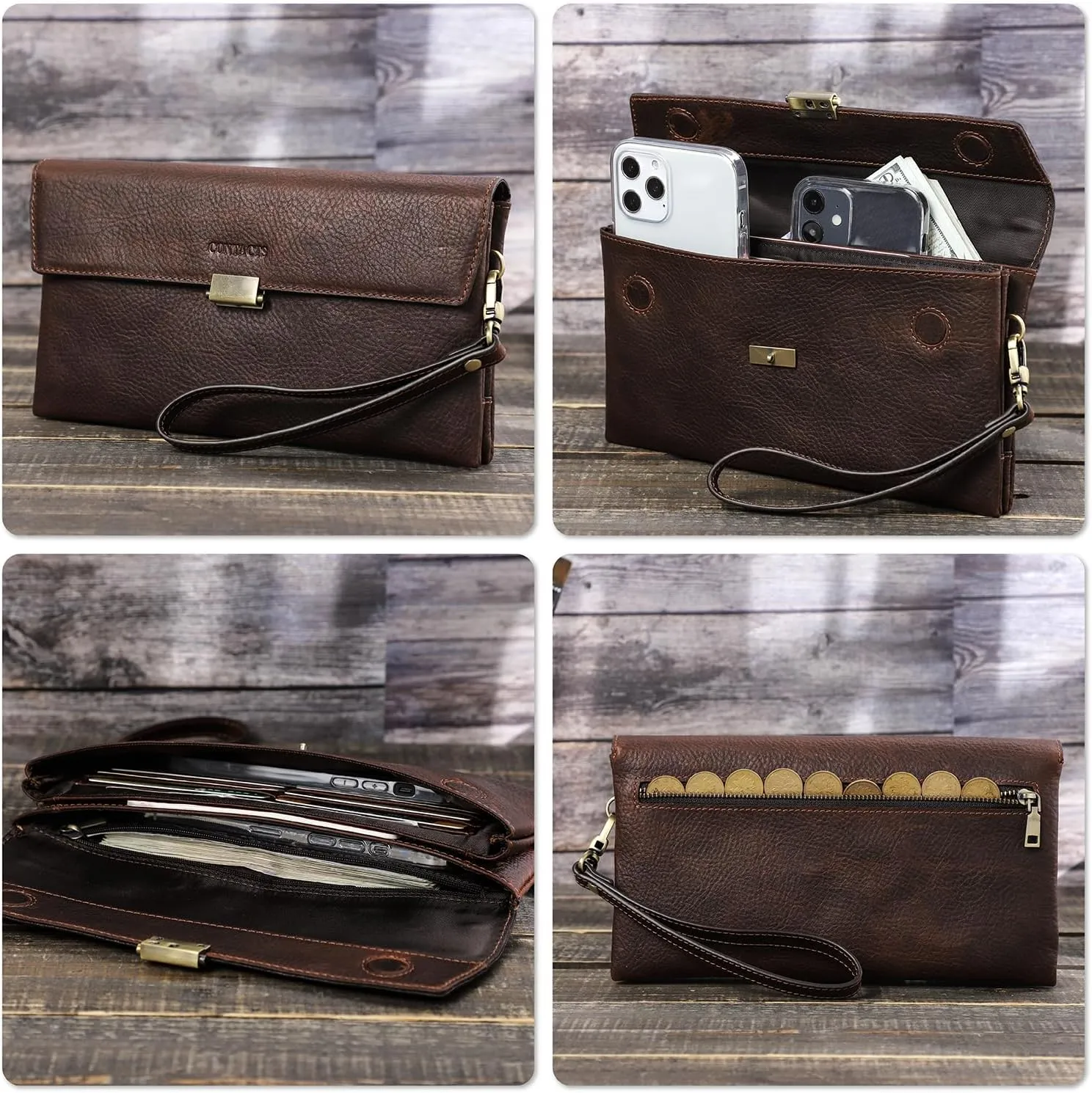 Top Grain Genuine Leather Clutch Wallet with Wristlet for Man & Woman, Handmade Retro Design, Magnetic Push Lock, Multi Pockets/Slots, RFID Large Capacity for Cards/Check/Cash/Coin/Passport, Red Brown