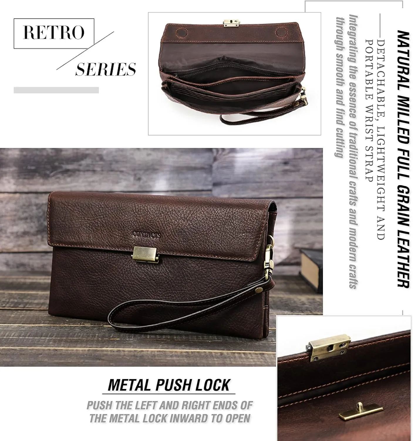 Top Grain Genuine Leather Clutch Wallet with Wristlet for Man & Woman, Handmade Retro Design, Magnetic Push Lock, Multi Pockets/Slots, RFID Large Capacity for Cards/Check/Cash/Coin/Passport, Red Brown
