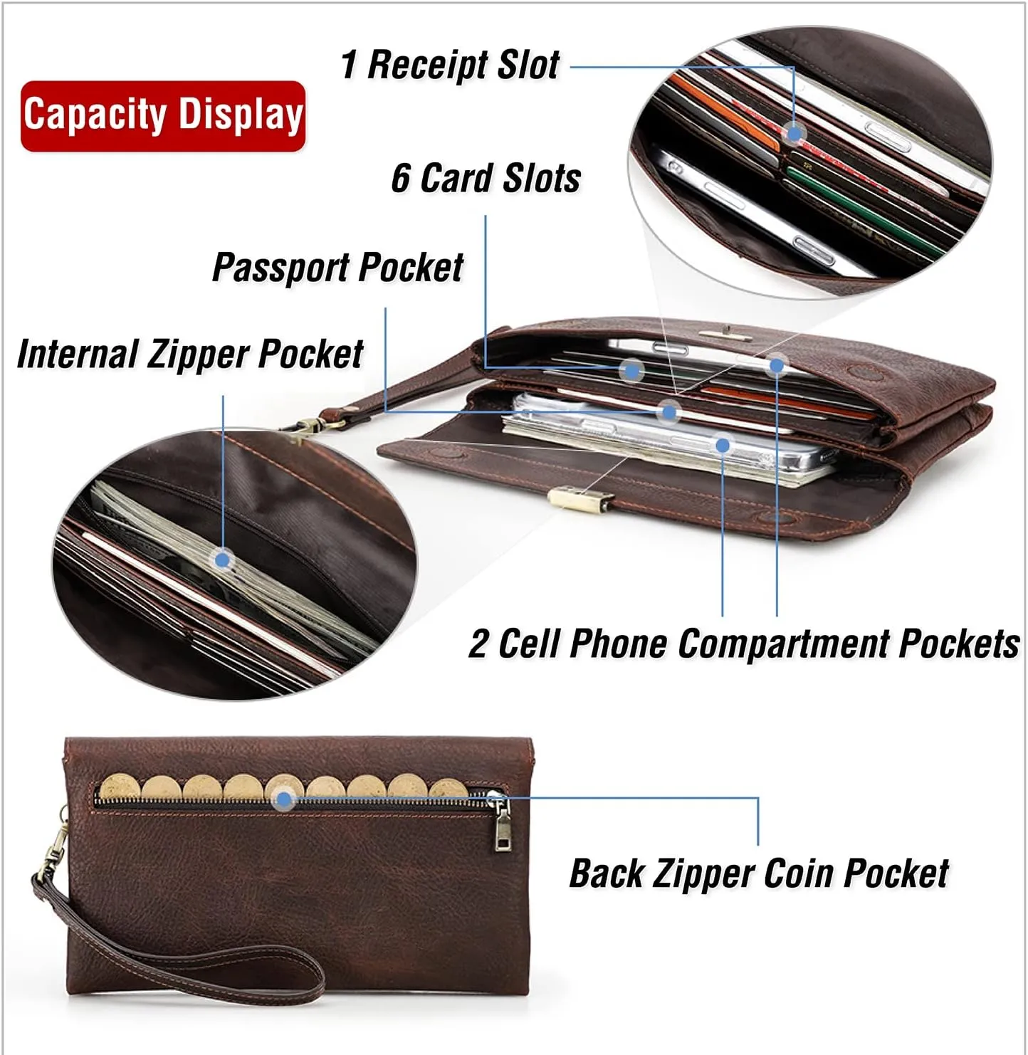 Top Grain Genuine Leather Clutch Wallet with Wristlet for Man & Woman, Handmade Retro Design, Magnetic Push Lock, Multi Pockets/Slots, RFID Large Capacity for Cards/Check/Cash/Coin/Passport, Red Brown