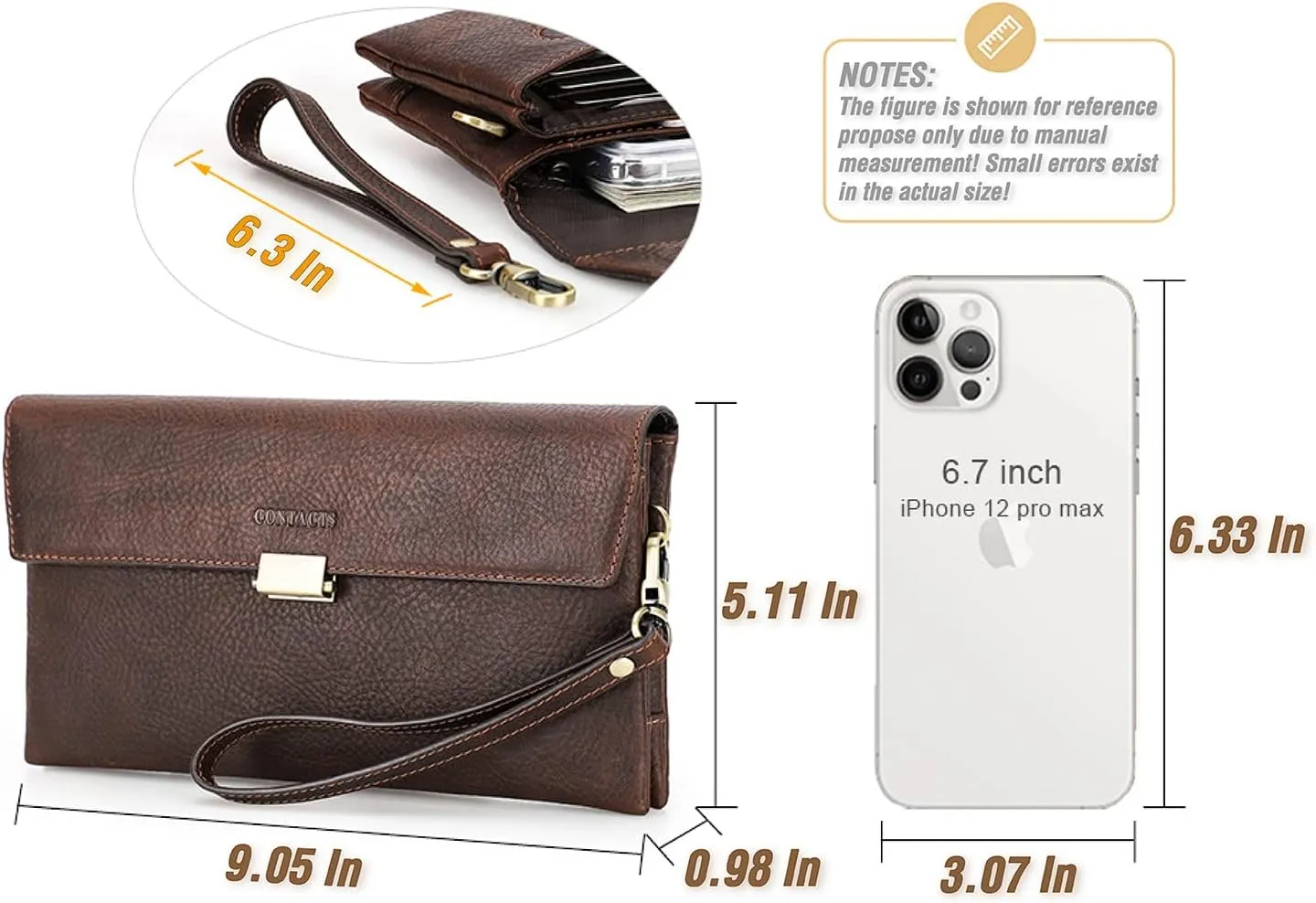 Top Grain Genuine Leather Clutch Wallet with Wristlet for Man & Woman, Handmade Retro Design, Magnetic Push Lock, Multi Pockets/Slots, RFID Large Capacity for Cards/Check/Cash/Coin/Passport, Red Brown