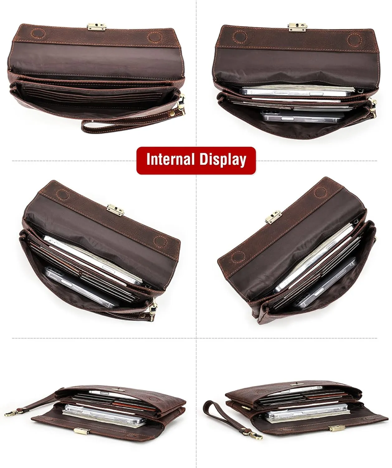 Top Grain Genuine Leather Clutch Wallet with Wristlet for Man & Woman, Handmade Retro Design, Magnetic Push Lock, Multi Pockets/Slots, RFID Large Capacity for Cards/Check/Cash/Coin/Passport, Red Brown