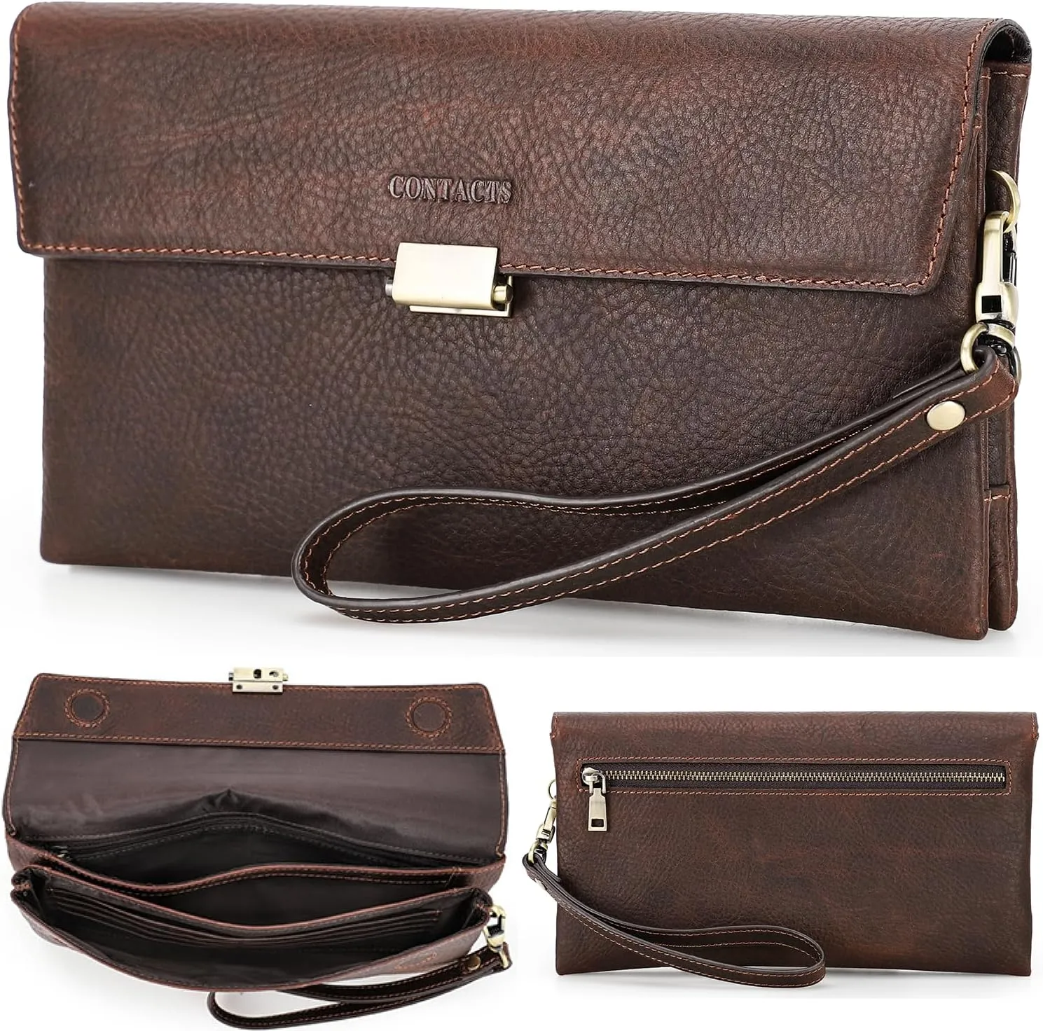 Top Grain Genuine Leather Clutch Wallet with Wristlet for Man & Woman, Handmade Retro Design, Magnetic Push Lock, Multi Pockets/Slots, RFID Large Capacity for Cards/Check/Cash/Coin/Passport, Red Brown