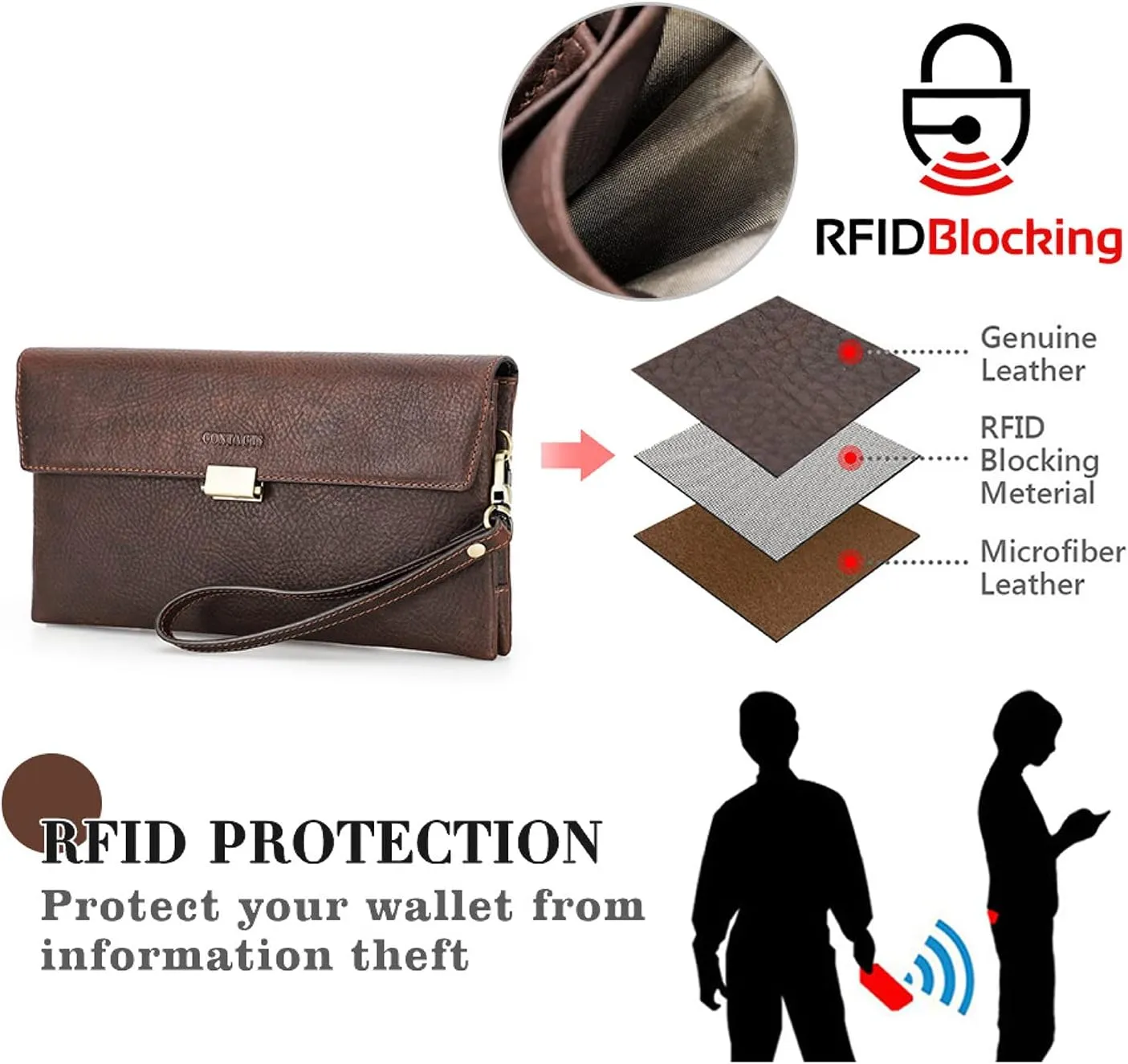Top Grain Genuine Leather Clutch Wallet with Wristlet for Man & Woman, Handmade Retro Design, Magnetic Push Lock, Multi Pockets/Slots, RFID Large Capacity for Cards/Check/Cash/Coin/Passport, Red Brown