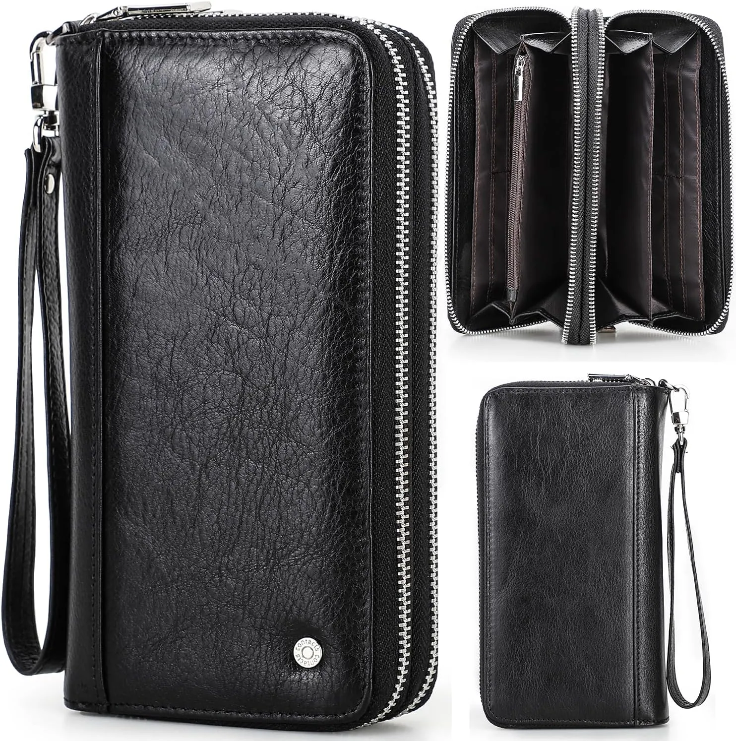 Top Grain Genuine Leather Handheld Purse Wallet for Man & Woman, Classic Vintage Design, Fully Handmade, 2 Zipper Pockets & Multiple Slots, RFID Large Capacity for Daily/Business/Traveling/Gift, Black