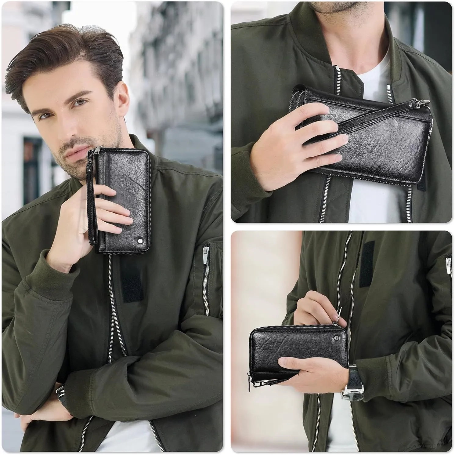 Top Grain Genuine Leather Handheld Purse Wallet for Man & Woman, Classic Vintage Design, Fully Handmade, 2 Zipper Pockets & Multiple Slots, RFID Large Capacity for Daily/Business/Traveling/Gift, Black