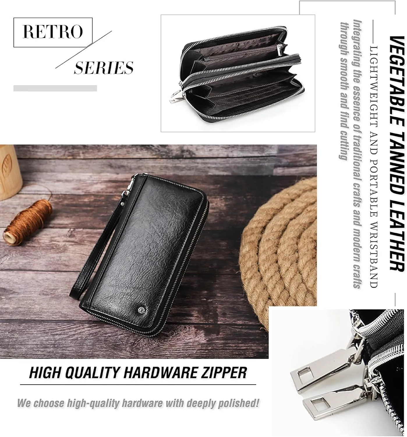 Top Grain Genuine Leather Handheld Purse Wallet for Man & Woman, Classic Vintage Design, Fully Handmade, 2 Zipper Pockets & Multiple Slots, RFID Large Capacity for Daily/Business/Traveling/Gift, Black