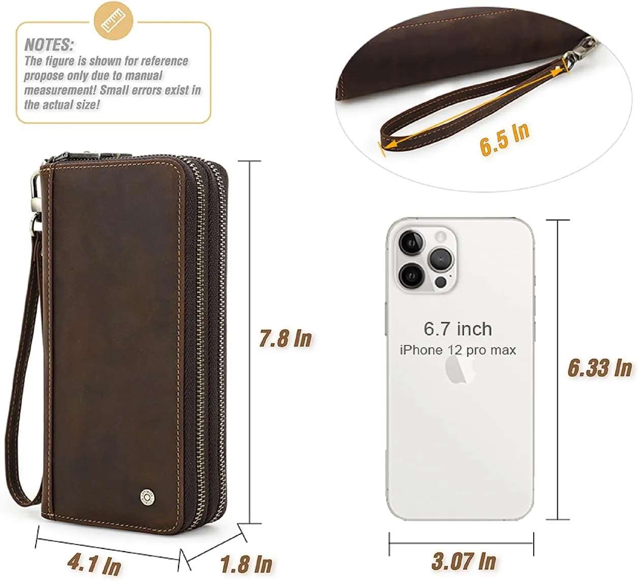 Top Grain Genuine Leather Handheld Purse Wallet for Man & Woman, Classic Vintage Design, Fully Handmade, 2 Zipper Pockets & Multiple Slots, RFID Large Capacity for Daily/Business/Traveling/Gift, Black