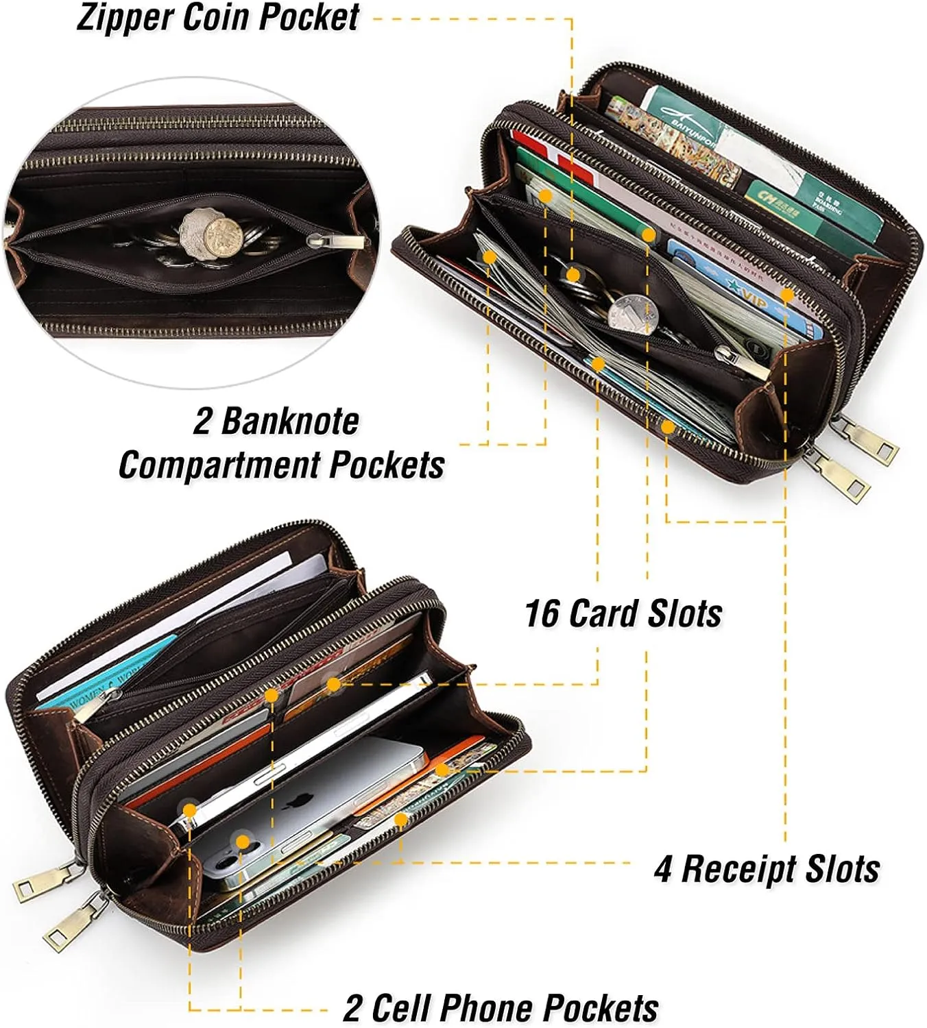 Top Grain Genuine Leather Handheld Purse Wallet for Man & Woman, Classic Vintage Design, Fully Handmade, 2 Zipper Pockets & Multiple Slots, RFID Large Capacity for Daily/Business/Traveling/Gift, Black