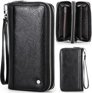 Top Grain Genuine Leather Handheld Purse Wallet for Man & Woman, Classic Vintage Design, Fully Handmade, 2 Zipper Pockets & Multiple Slots, RFID Large Capacity for Daily/Business/Traveling/Gift, Black