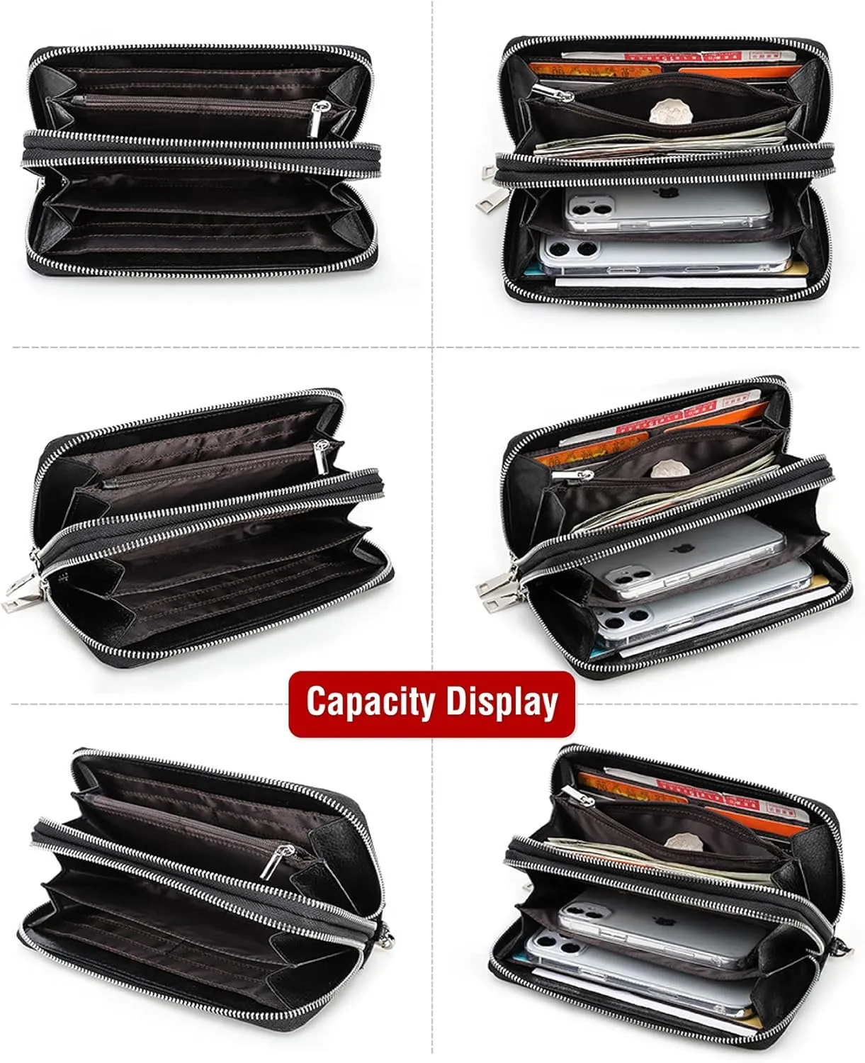Top Grain Genuine Leather Handheld Purse Wallet for Man & Woman, Classic Vintage Design, Fully Handmade, 2 Zipper Pockets & Multiple Slots, RFID Large Capacity for Daily/Business/Traveling/Gift, Black
