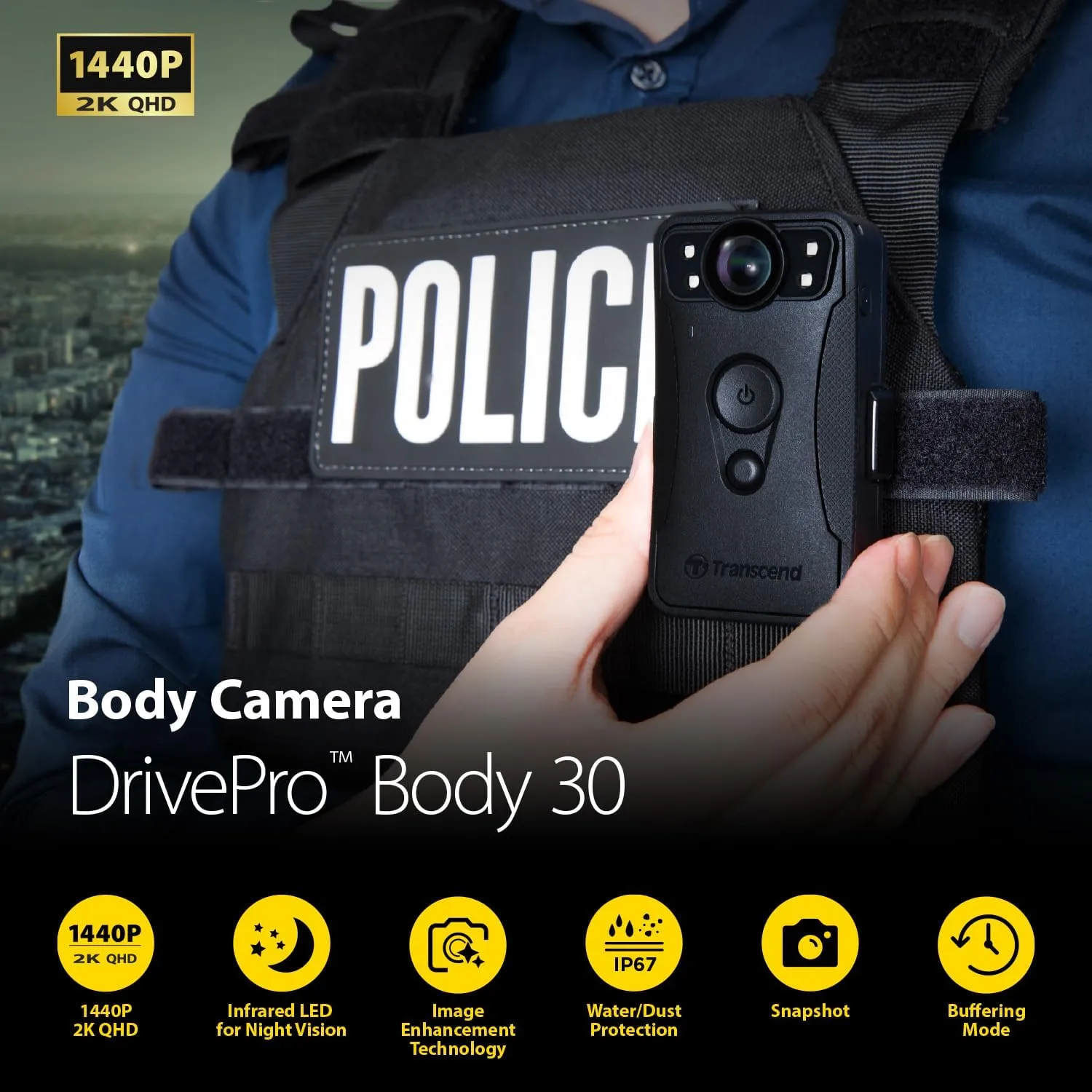 Transcend 64GB, DrivePro Body 30, Body Camera, Night Vision, Wi-FI & Bluetooth, IP67 Weatherproof, 1440P 2K QHD, 12-Hour Battery Life, Ideal for Law Enforcement & Security - TS64GDPB30A