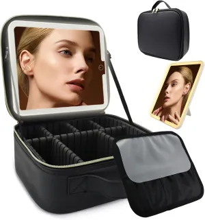 Travel Makeup Bag for Women and Makeup Artists Cosmetic Organizer Large Makeup Case,Travel Makeup Bag with Mirror 3 Color Setting,Portable Storage and Adjustable Dividers Makeup Bag(Black)