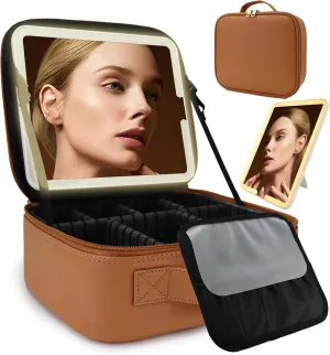 Travel Makeup Bag for Women and Makeup Artists Cosmetic Organizer Large Makeup Case,Travel Makeup Bag with Mirror 3 Color Setting,Portable Storage and Adjustable Dividers Makeup Bag(CARAMEL COLOR)
