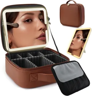 Travel Makeup Bag for Women and Makeup Artists Cosmetic Organizer Large Makeup Case,Travel Makeup Bag with Mirror 3 Color Setting,Portable Storage and Adjustable Dividers Makeup Bag(Dark brown)