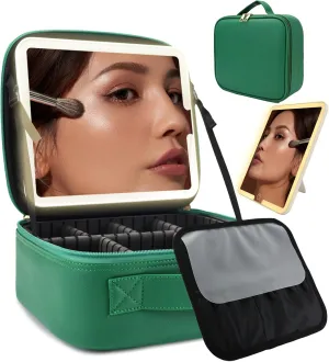 Travel Makeup Bag for Women and Makeup Artists Cosmetic Organizer Large Makeup Case,Travel Makeup Bag with Mirror 3 Color Setting,Portable Storage and Adjustable Dividers Makeup Bag(Dark green)