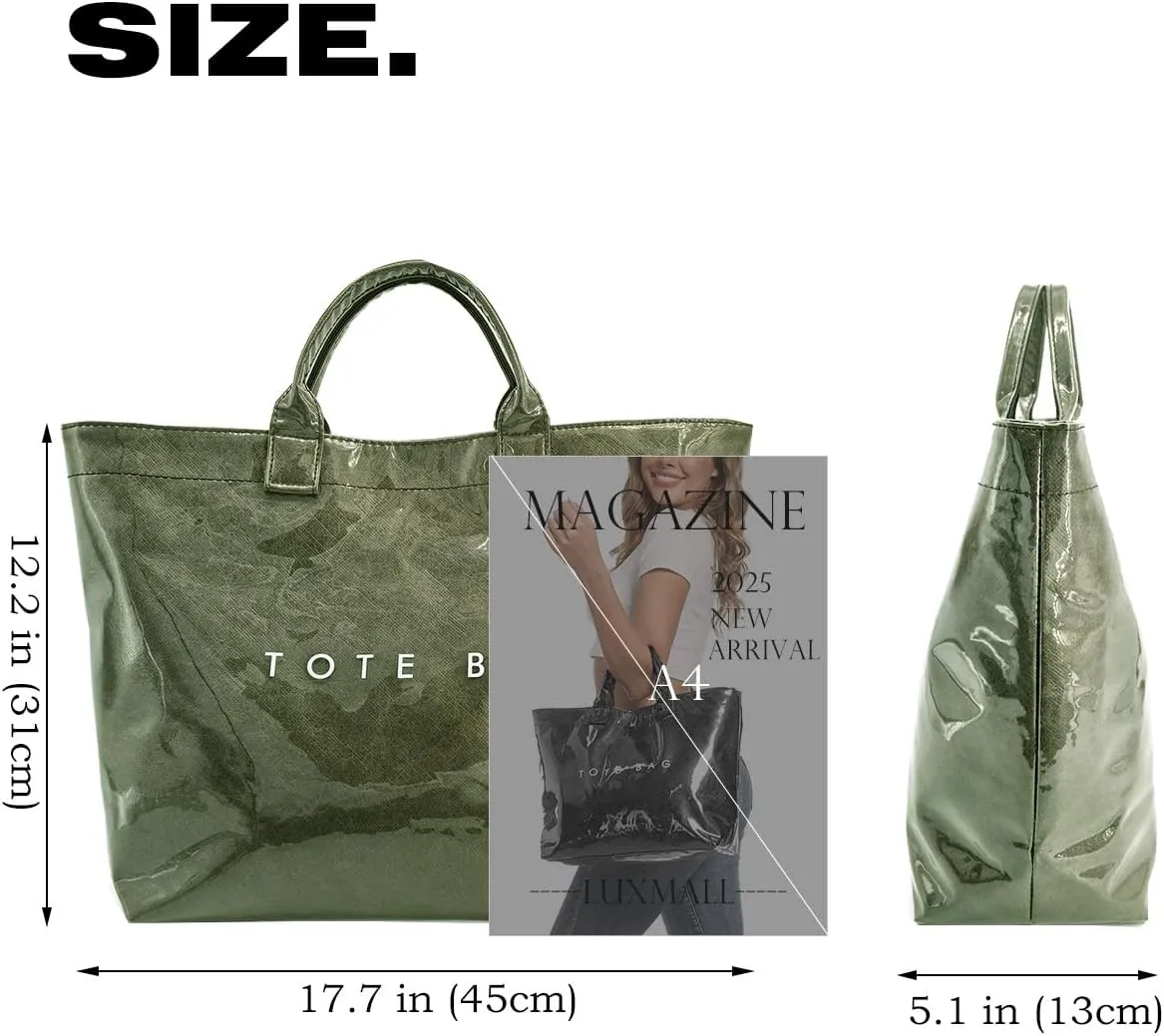 Trendy PVC Tote Bag for Women, Kraft Paper Letter Print Tote Bag Large Hobo Handbags with Top Handle